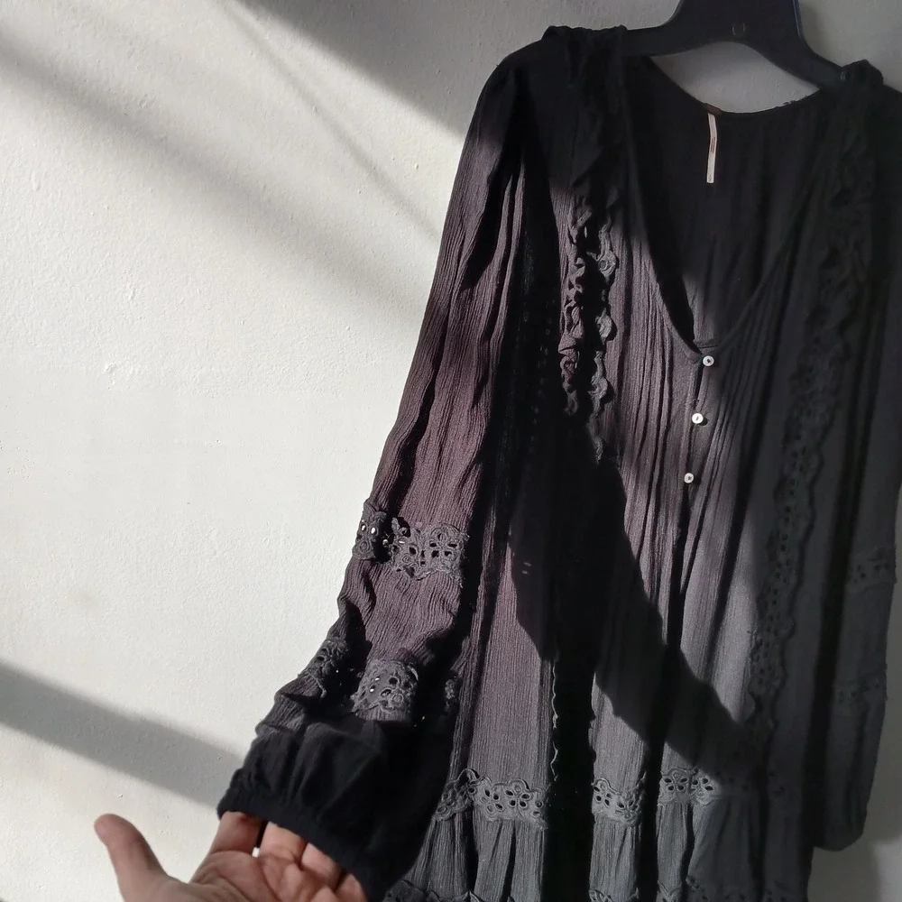 Free People Size Small Snow Angel Mini Dress Black Long Sleeve‎ Bohemian Slip - Picture 5 of 13
